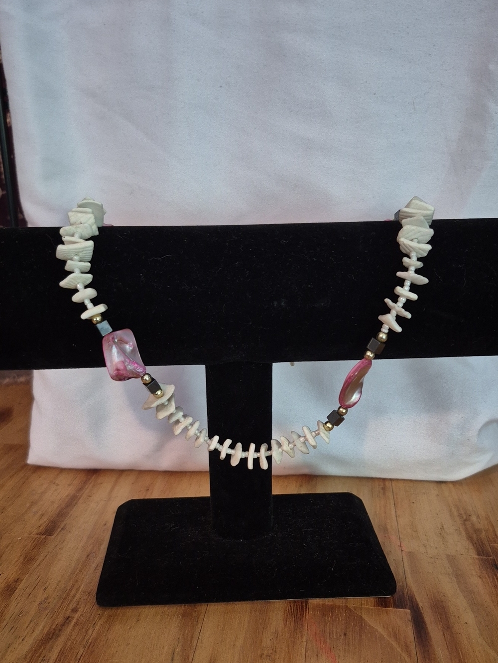 Handmade White Shell Necklace with Pink Shell Accents